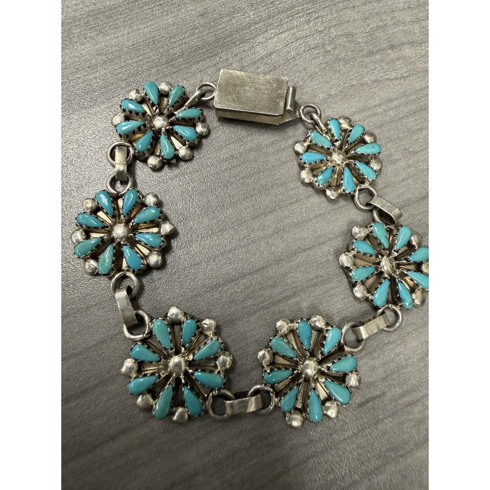 VTG Zuni Sterling Silver Turquoise Petit Point Cluster Flower Link Bracelet